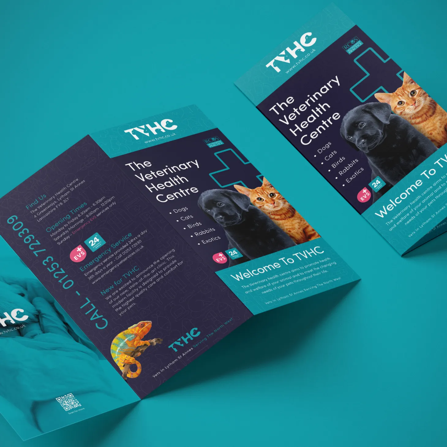  TVHC The Veterinary Health Centre tri-fold leaflets designed by DotPerformance, showing the front cover with dogs, cats and birds photography, and inner panels with practice opening times, address in Lytham St Annes and emergency service details